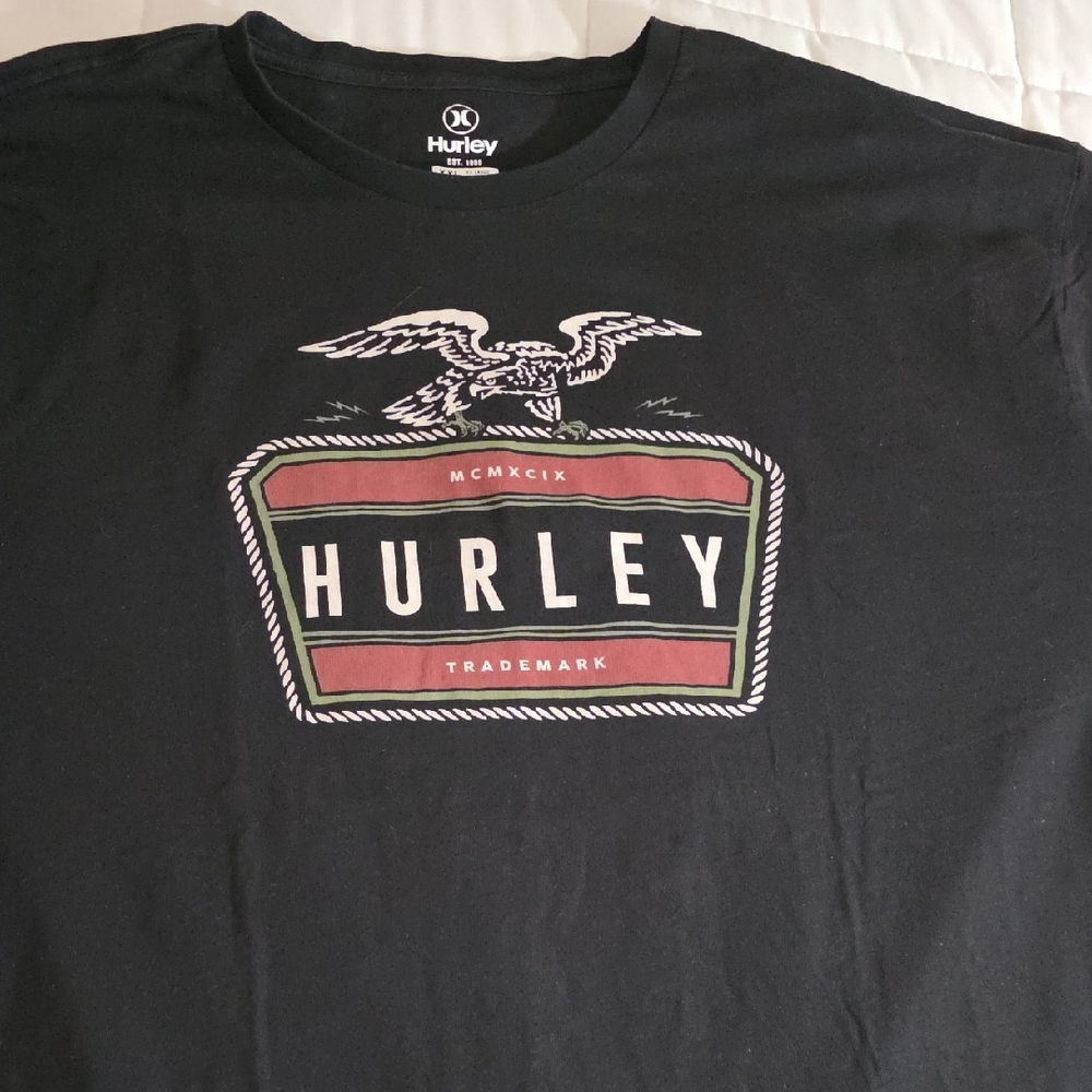 Hurley Black Tee with Eagle and Logo Design Size XXL